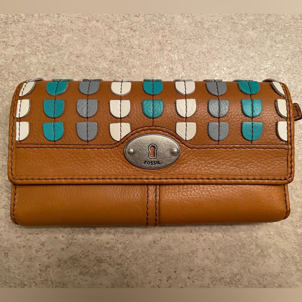 Large Fossil Clutch Wallet Genuine Leather Brown Teal Blue
